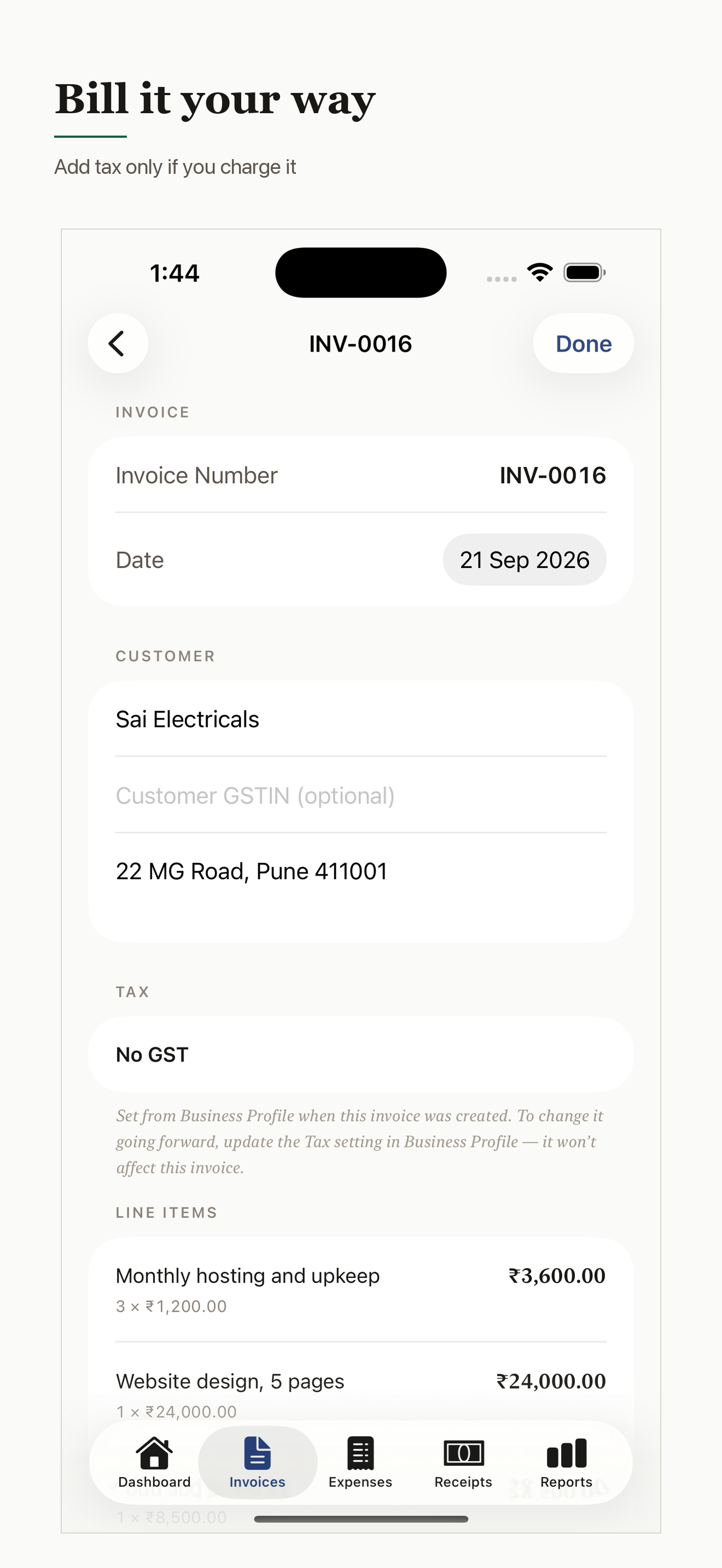 An invoice in BizEasy with line items and a tax section set to No GST