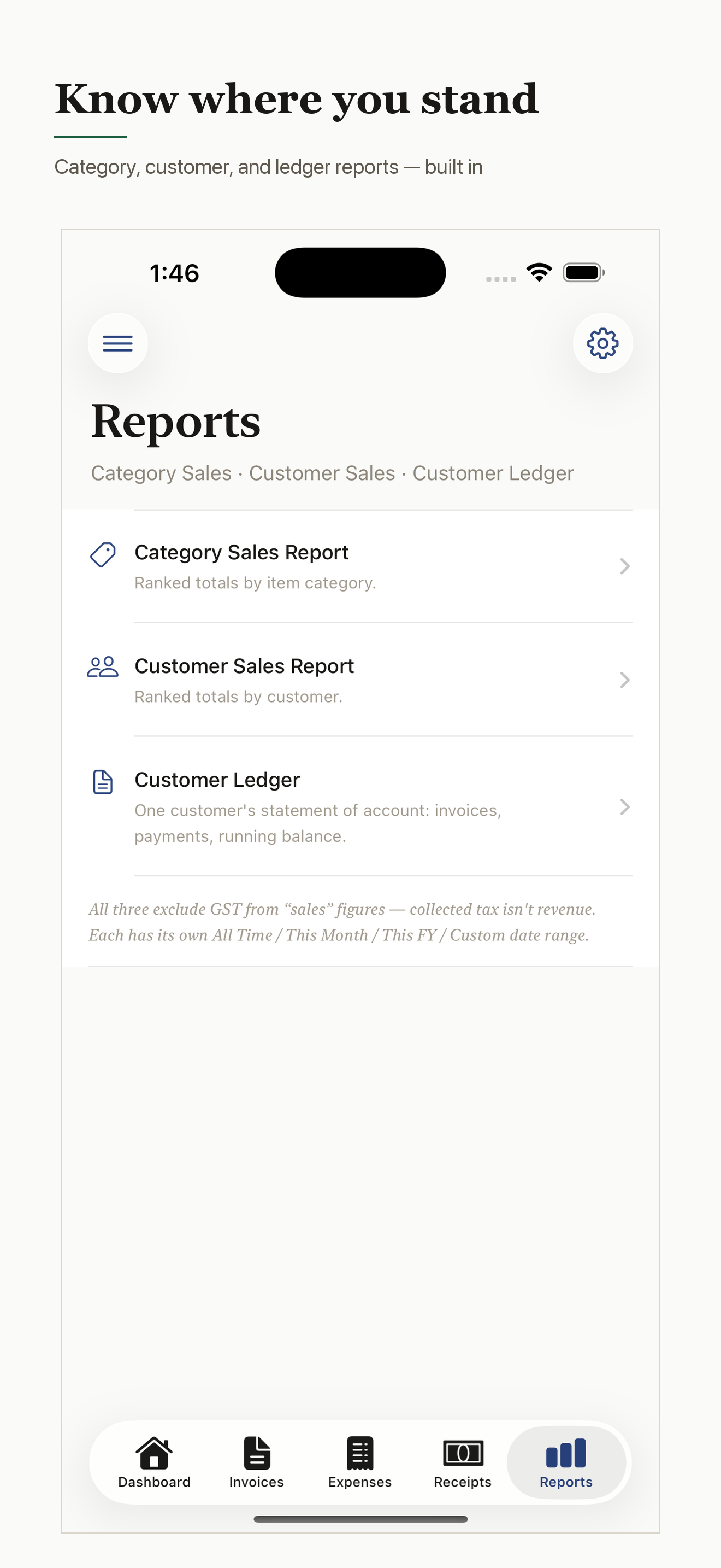 BizEasy's reports hub, listing category sales, customer sales and customer ledger